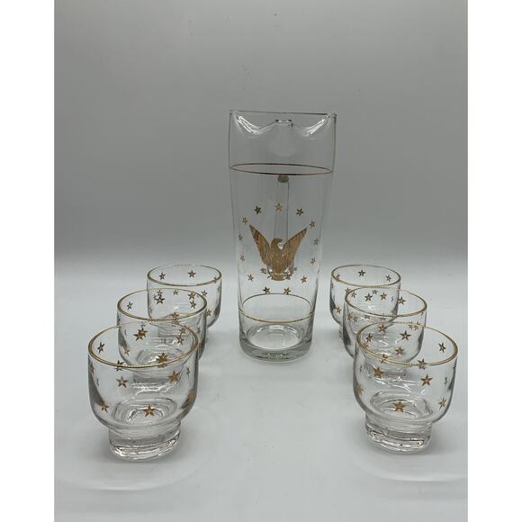 Eagle Other - Vintage MCM Americana Cocktail Set 1 Qt Pitcher 6 - 6 Oz Glasses USA Eagle Stars